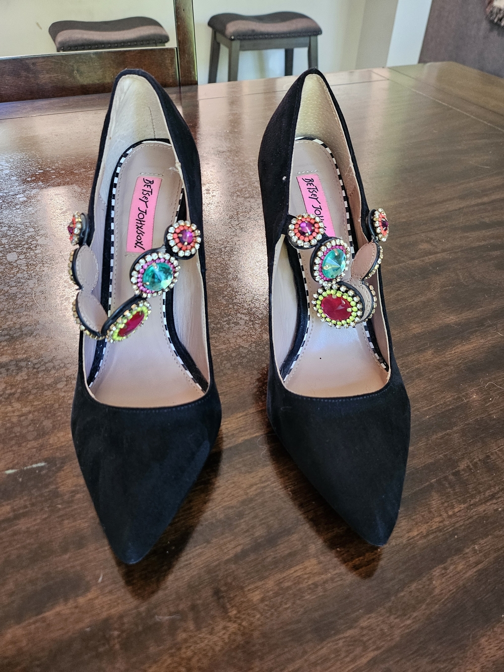 Betsey Johnson Black Suede Pointed Toe Heels with Multicolor Gem Accents